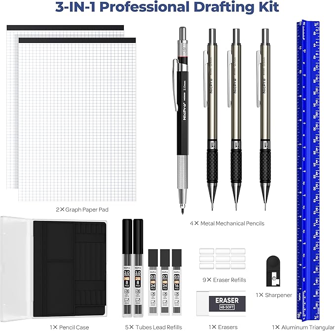 Nicpro 16PCS Drafting Tools with 12‘’ Aluminum Architectural Scale Ruler, Mechanical Pencils 0.5, 0.7, 0.9 & 2mm, Lead Refills, 2 Pack Graph Paper, Geometry Drawing Kit for Engineers Students Design