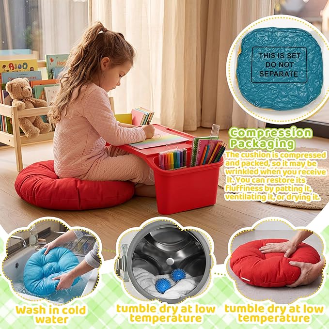 Supervitae 16 Pcs Kids' Lap Desk and Classroom Floor Cushions Set, Including Stackable Lap Tray 19.7 x 14.8 x 7.7'' & Floor Pillow 16'' for Classroom Kindergarten Daycare Nursery (Classic Four Colors)