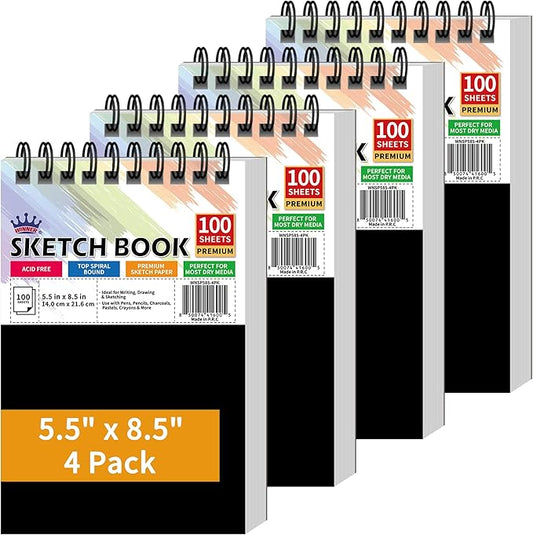 WINNER 5.5" x 8.5" Sketch Book, 400 Sheets Top Spiral Bound Sketch Pad, 68lb/100gsm White Acid Free Drawing Paper, Art Supplies for Kids Adult Beginners Artists, 4 Pack