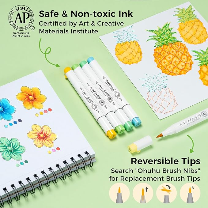 Ohuhu Alcohol Markers Brush Tip - 120-color AP Certificated Double Tipped Art Marker Set for Artist Adults Cozy Coloring Drawing Illustration - Brush and Fine Dual Tips - Honolulu 2B - Refillable