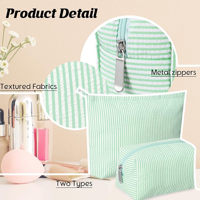 Huhumy 2 Pcs Makeup Bag Set for Women, Green, Thin Striped Seersucker | Cute Cosmetic Pouch Women Travel Toiletry Bag Preppy Small Makeup Purse Pouch Aesthetic Skincare Brushes Storage Organizer