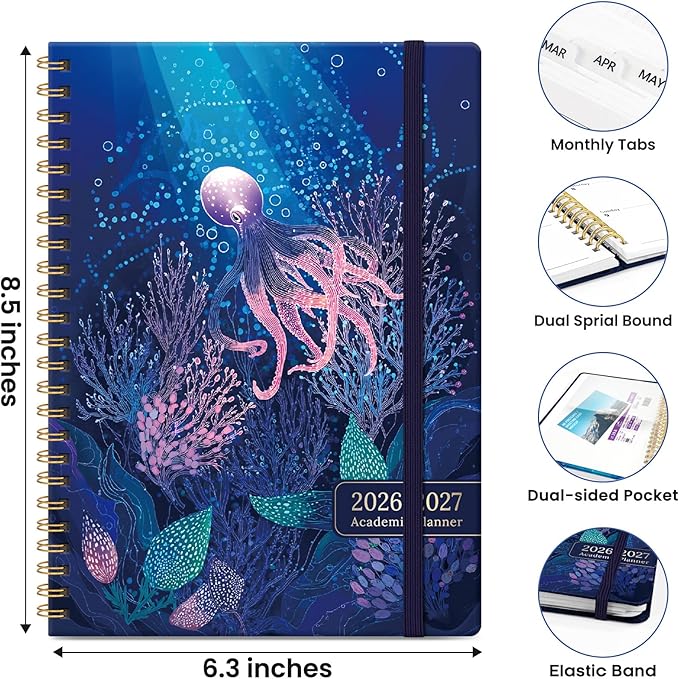 Planner 2026-2027, Hardcover Monthly and Weekly Academic Planner July 2026 - June 2027, Teacher and Student Calendar Agenda Book with Tabs, A5 (6.3" x 8.5"), Ideal for School and Office, Ocean Drift