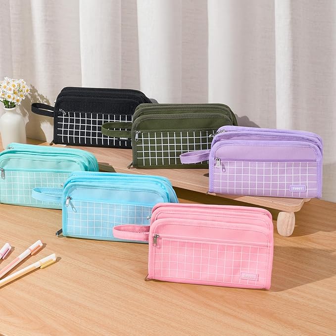 Sooez Large Pencil Case, Big Capacity Pencil Pouch Pen Bag with 3 Compartment, Portable Canvas Stationery Organizer with Zipper, Cute Aesthetic School Supplies for Teen Girls College, Pink with Plaid