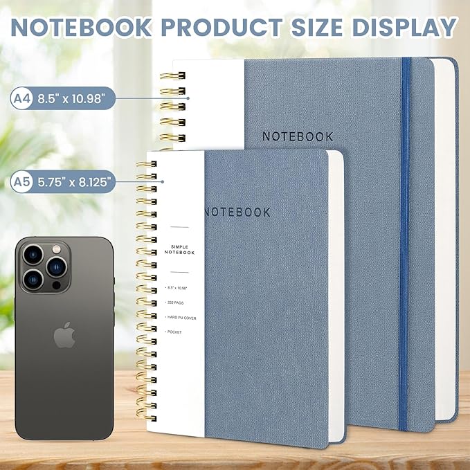 Oneirom Spiral Notebook - 8.5 x 10.98 Inch Large Hard Cover Notebook with Elastic Band & Pocket, 180 Pages, Lay Flat Wirebound Journal for Work, School, Planning & Note Taking ReefBlue