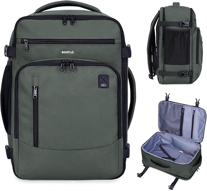 ECOHUB 17" Small Travel Backpack, United Airlines Personal Item Bag 17x10x9 with 16 Pockets, Water Resistant Rucksacks Fit 15.6" Laptop, AirTag Pocket, Lightweight Casual Daypack, 25L, Green