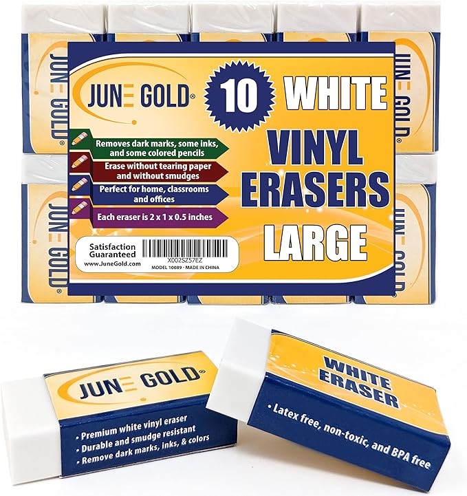 June Gold 10 Large White Vinyl Erasers