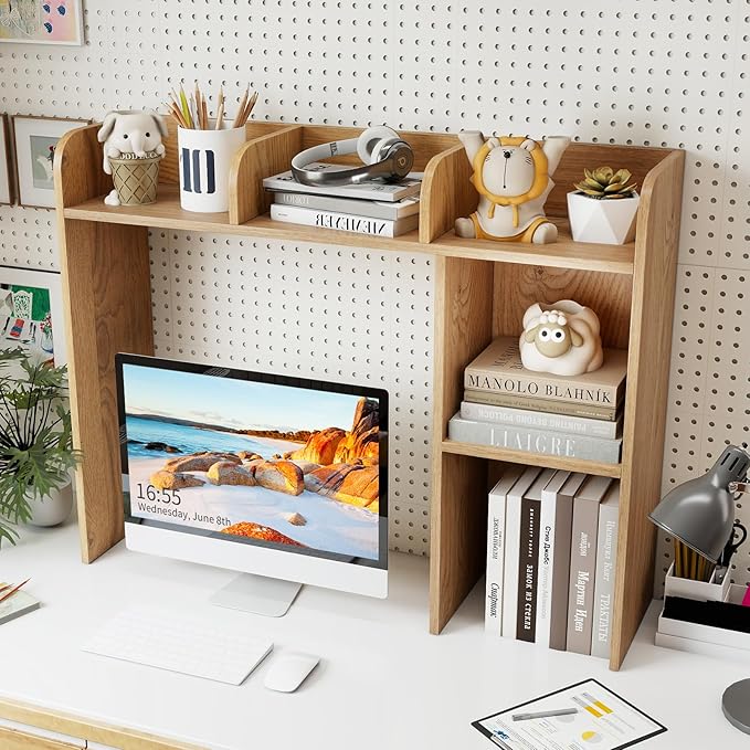 Giantex Desktop Bookshelf, Wood Desk Hutch Organizer for 27 Inch Computer Monitor, Countertop Storage Display Rack with 5 Shelves, Multipurpose Desktop Shelf Bookcase for Dorm Office Home, Natural