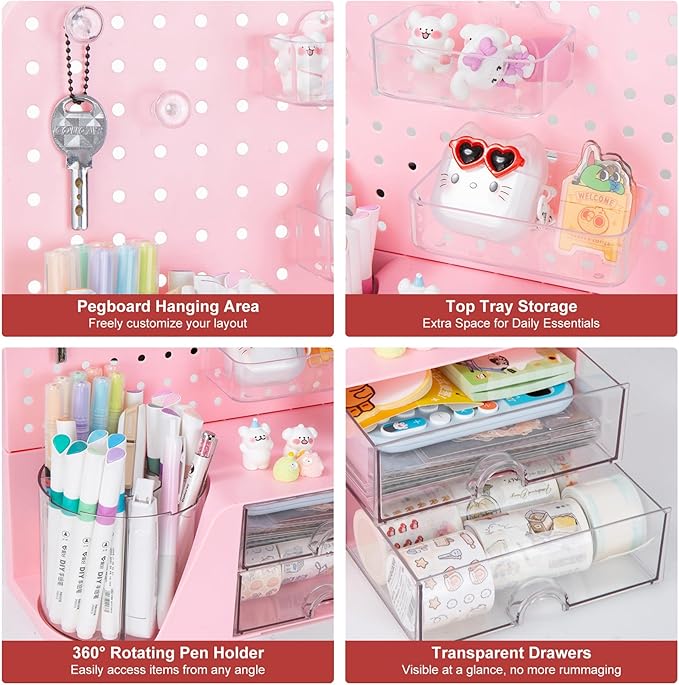 Comix Desk Organizer with Drawer, 360° Rotating Pen Holder for Desk, Pen Organizer with 5 Slots Pencil Holder+Pegboard+2 Drawer for Office Home Art Supplies (Pink)