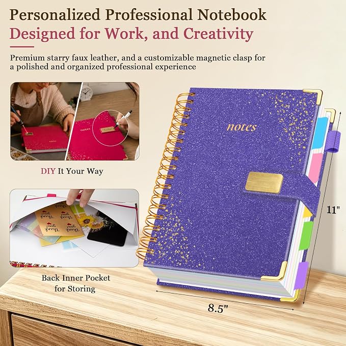 Spiral Notebook Journal 8.5''x 11'' 5 Subject Notebook with Dividers, 300 Pages Notebook College Ruled with Magnetic Closure, A4 Tabbed Notebooks for Work School, Sparkle Journal for Women (Purple)