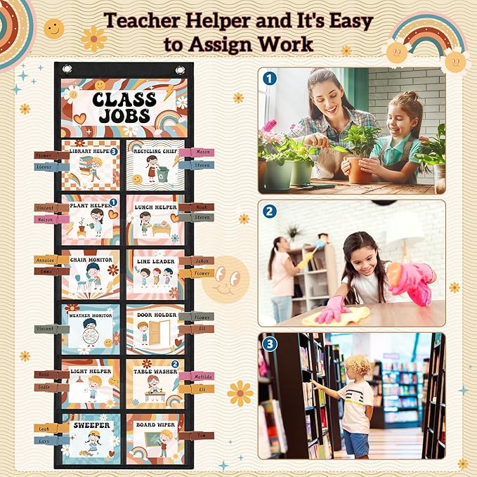 Pasimy Groovy Class Jobs Pocket Chart Class Helpers Pocket Chart Classroom Jobs Cards with Clips and Hooks Teacher Helper Bulletin Board Set for Back to School Classroom Teacher Supplies