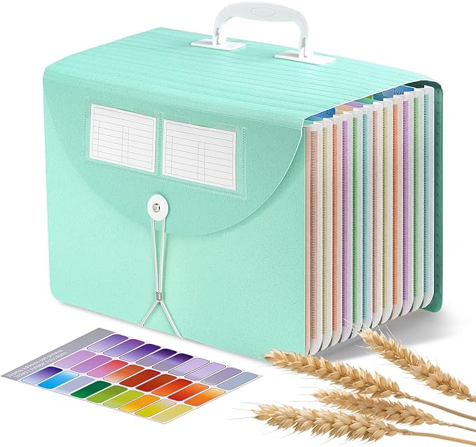 Agoer 13 Pockets Accordion File Organizer,Wheat Straw Expanding File Folder with Handle & Labels,Monthly Paper Bill Receipt Organizer,A4/Letter Size Document Storage for School College Home Office