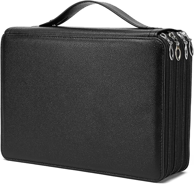 YOUNGCOL 200 Slots Colored Pencil Case - Deluxe PU Leather Pencil Organizer Holder With Zipper Closure Large Pencil Box for Colored Pencils Watercolor Pencils (Black, 200 Slots)