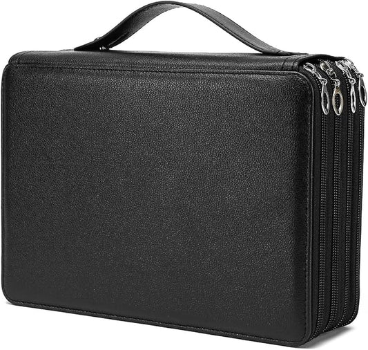 YOUNGCOL 200 Slots Colored Pencil Case - Deluxe PU Leather Pencil Organizer Holder With Zipper Closure Large Pencil Box for Colored Pencils Watercolor Pencils (Black, 200 Slots)