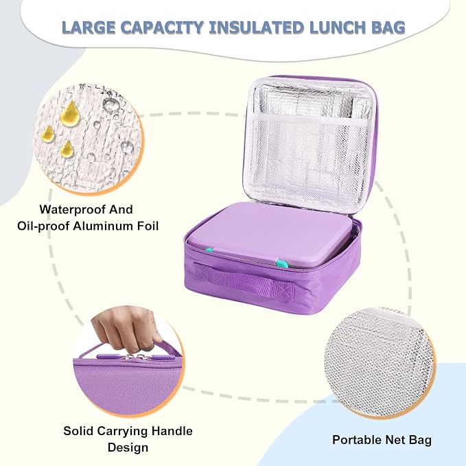 Bento Lunch Box for Kids with 8oz Soup Thermo Leak-Proof Lunch Food Containers with Snack Sauce Container for Kid Girls Boys to School,Purple Bag