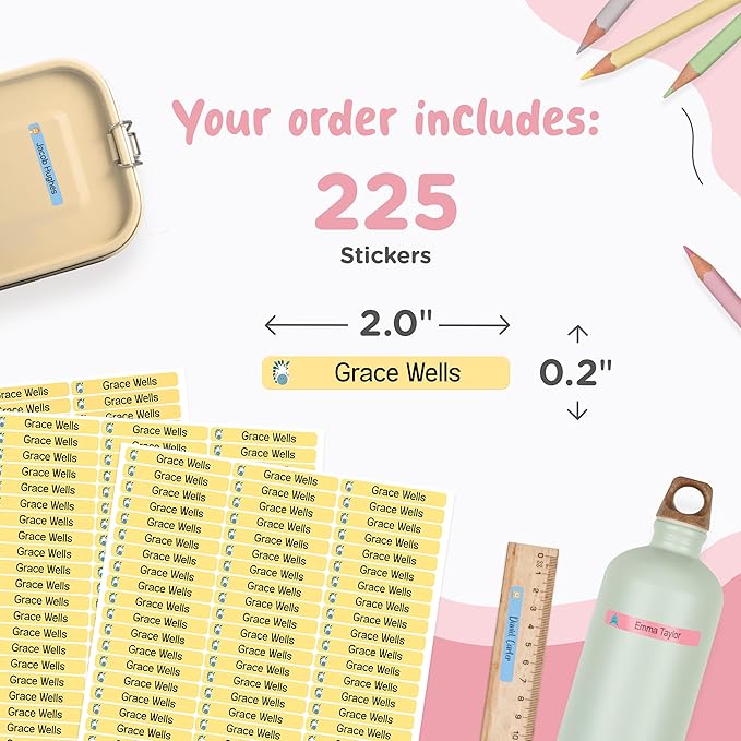 StiKiddo® Personalized Kids Name Labels for Pencils Yellow [225pcs] - Name Stickers for School & Daycare - Pencil Waterproof Name Stickers - Children Name Stick On Labels for Pens (2.0”x0.3”)