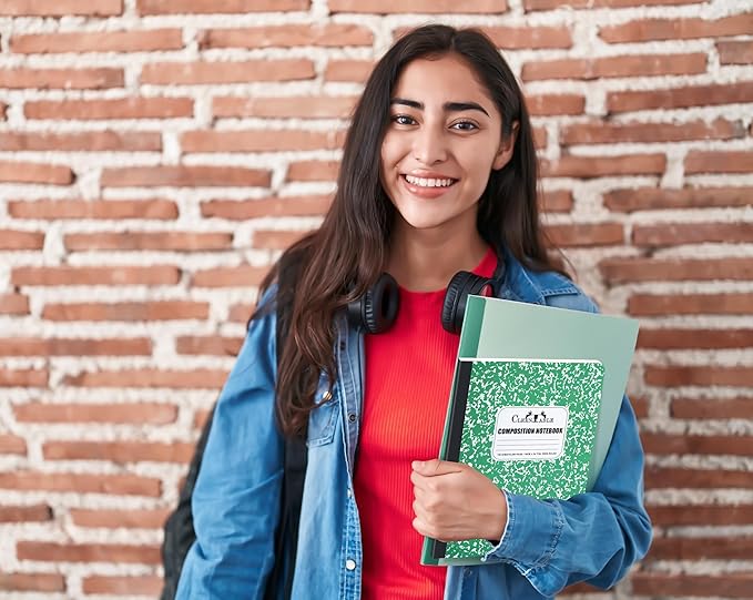 CLEENTABLE Composition Notebook 5 Pack, Wide Ruled Paper, Marble Cover Notebooks for School, 9.75 x 7.5 Inches, 100 Sheets (200 Pages), Sewn Binding Comp Books, Green