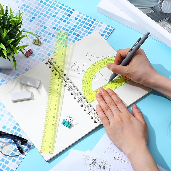 Zonon 2 Pack 12'' Plastic Ruler and 6'' Plastic Protractor Set Clear Ruler Protractor Set Math Geometry Supplies for School Classroom Home Office Drawing(Yellow)
