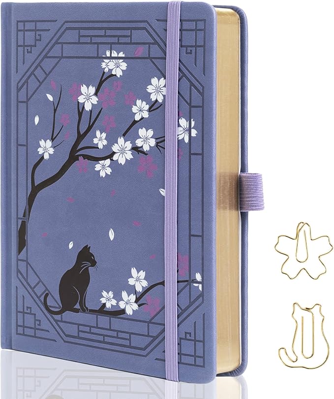 TIEFOSSI A5 Dotted Journal, Cute Cat Journal for Women Girls, Dot Notebook with Pretty Sakura Pattern, Aesthetic Diary for Writing Journaling Drawing, Golden Edges