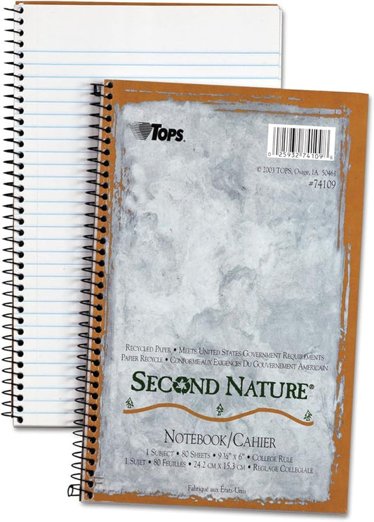 TOPS Second Nature Notebook, 9.5 x 6 Inch, College Ruled, 100% Recycled, 80 Sheets, Grey (74109)