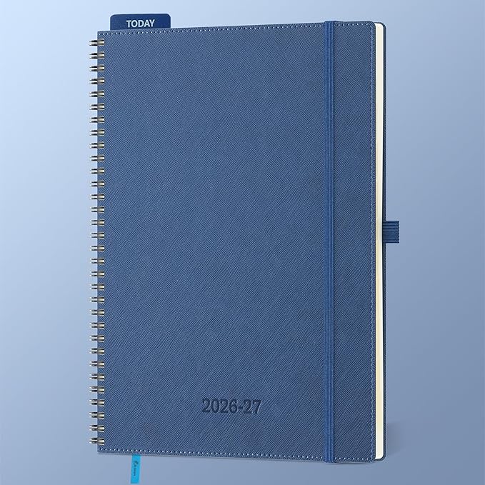 Planner 2026-2027 Daily Weekly and Monthly,11.5"x8.5",18 Months Spiral Bound Calendar Agenda with Self-adhesive Pen Holder,2026 Academic Plan with Vegan Leather Soft Cover,Blue