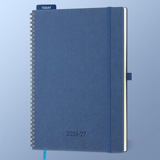 Planner 2026-2027 Daily Weekly and Monthly,11.5"x8.5",18 Months Spiral Bound Calendar Agenda with Self-adhesive Pen Holder,2026 Academic Plan with Vegan Leather Soft Cover,Blue