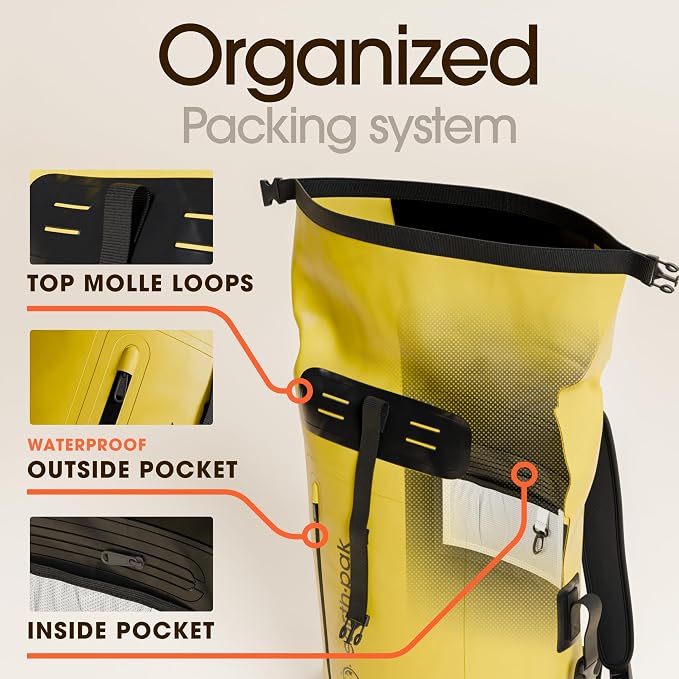 Waterproof Dry Bag Backpack 35L - Kayaking Boating Fishing Rafting Marine | Yellow 35L dry bag: 500D PVC, abrasion resistant build, IPX8 phone case for river and lake trips