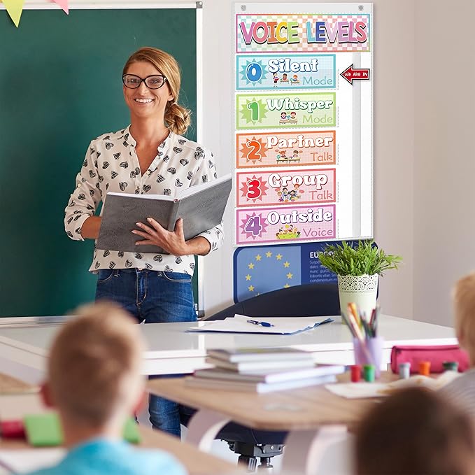 Voice Level Pocket Chart for Classroom - White Voice Level Classroom Decorations with 8 Cards for Preschool Classroom Must Haves Supplies