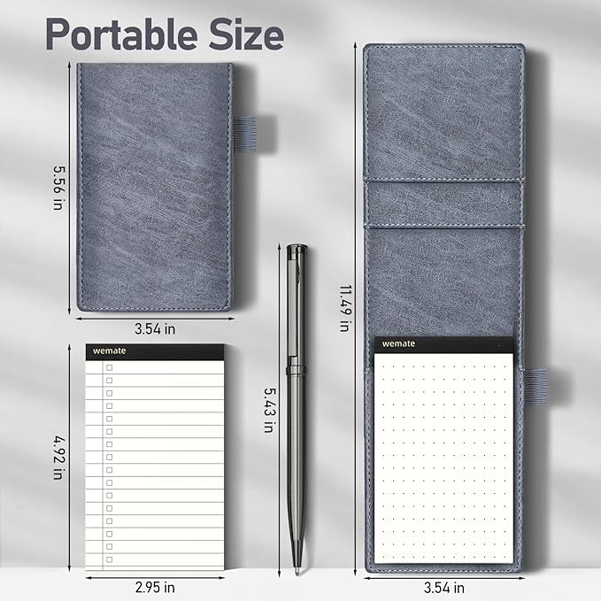 WEMATE 10 Pieces Small Notepad Holder Set Pocket Notebook - Included Mini Pocket Notepad Holder Set with 8 Memo Book Refills and Metal Pen for Meetings, Daily Records, and Notes 3 x 5 Inch (Grey)