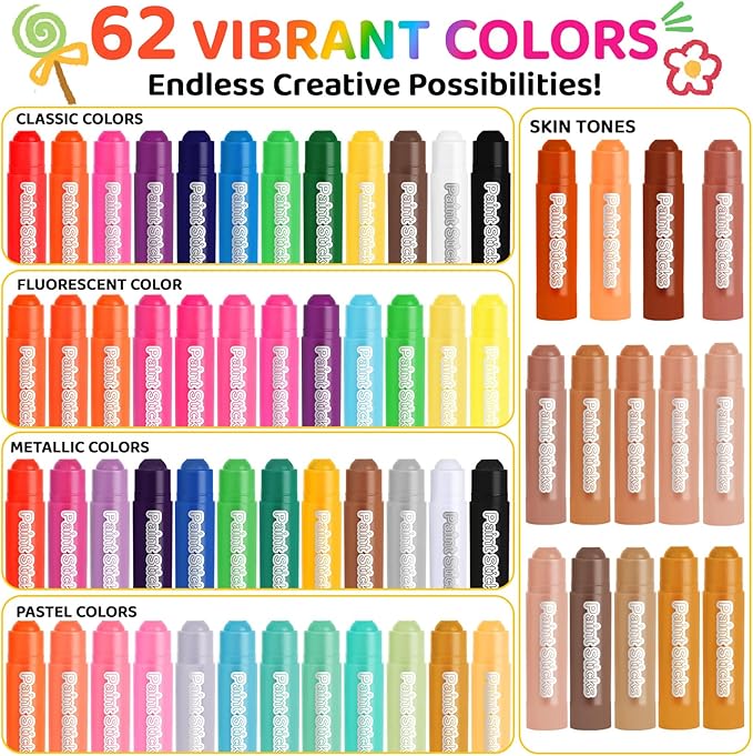 62 Colors Washable Solid Tempera Paint Sticks, Washable Paint Sticks Bulk, Quick Drying, Rainbow Colors Tempera Stick Kids Toddler, Mess Free Art Supplies for Paper Wood Glass Ceramic Canvas