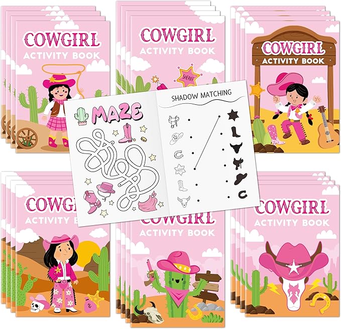 JAPBOR Cowgirl Activity Coloring Books - 24PCS Mini Western Theme Activities Color Book Bulk for Kids Party Favor, Wild West Hat Boot Cactus Colour Pages for Birthday Gifts Class Drawing Painting Game