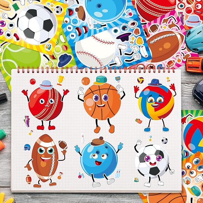 24 Sheets 8.27''×5.9'' Make Your Own Sport Ball Stickers for Kids Toddlers, Make a Face Stickers for Kids Party Favors Activities