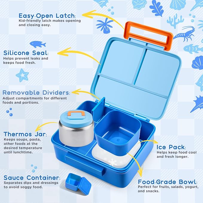 Bento Lunch Box for Kids with 8oz Soup Thermo Leak-Proof Lunch Food Containers with Snack Sauce Container for Kid Girls Boys to School,Blue Bag