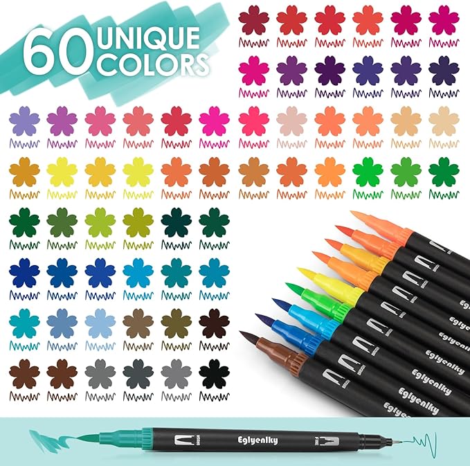 Eglyenlky 60 Coloring Pens for Adult Coloring Books, Dual Tip Brush Pens, Felt Markers with Fine and Brush Watercolor Marker Set for Kid Adult Artist Drawing