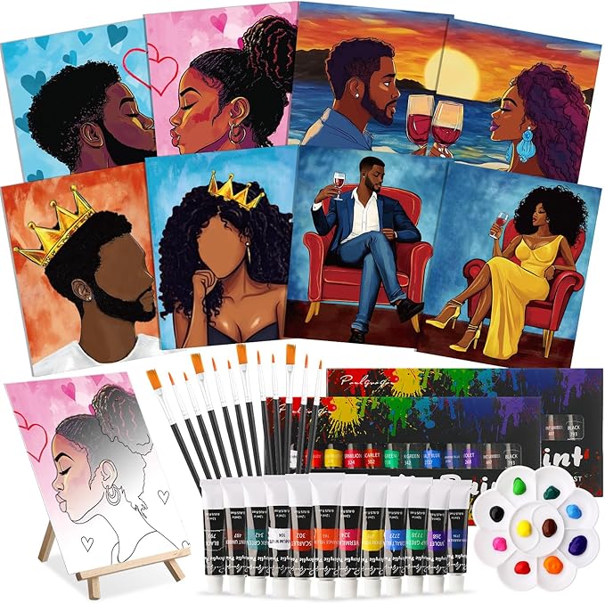Cholemy 36 Pcs Paint and Sip Kit for Adults 8''x10'' Pre Drawn Canvas for Painting DIY Afro Acrylic Painting Kit Wood Easel Brushes Date Night Bulk for Father's Day Party Gifts(Couple)