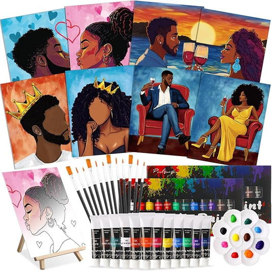Cholemy 36 Pcs Paint and Sip Kit for Adults 8''x10'' Pre Drawn Canvas for Painting DIY Afro Acrylic Painting Kit Wood Easel Brushes Date Night Bulk for Father's Day Party Gifts(Couple)