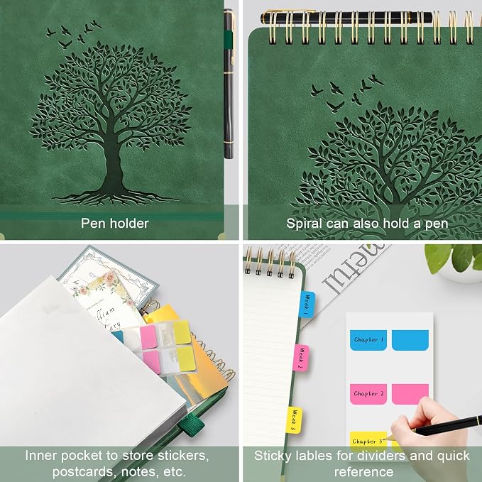 Mousbull A4 Top Spiral Notebook, Tree Pattern Large Leather Hardcover Left Handed Journal, 240 Pages 100 Gsm Lined Paper Top Bound Steno Pads for Work, School, Travel Writing - Green, 8.5" x 11"