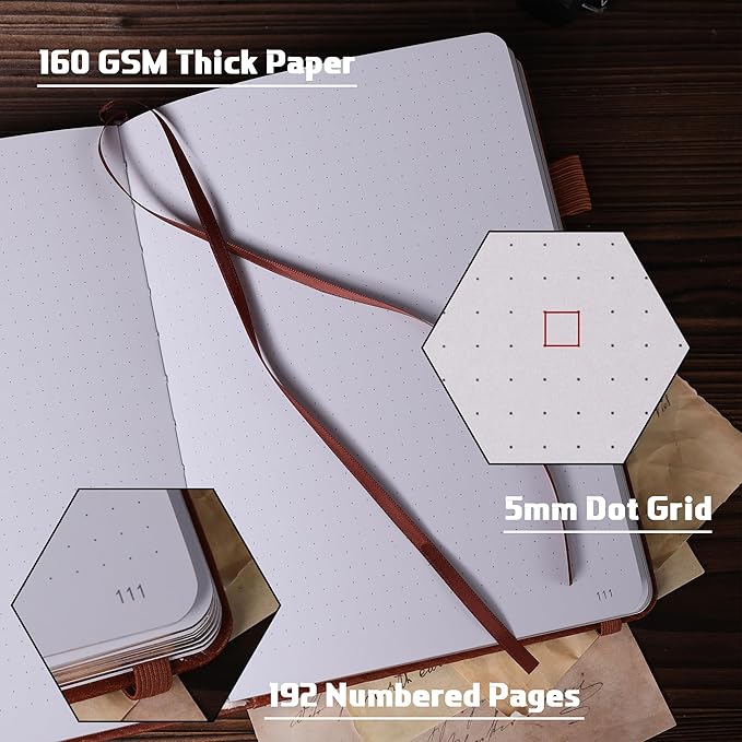 TIEFOSSI Dotted Journal Notebook, 160gsm 190 Numbered Thick Paper, A5 Hardcover Dotted Grid Diary for Women Men Work Writing, Journaling, Drawing, 5.8 x 8.3 in