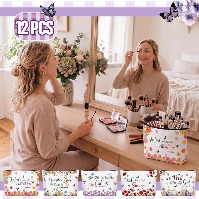 Reginary 12 Pcs Christian Makeup Bags Bulk, Inspirational Bible Verse Cosmetic Bags with Zipper, Floral Canvas Pouch, Christian Gifts for Women Teacher Nurse, Mother's Day Theme Travel Party Supplies