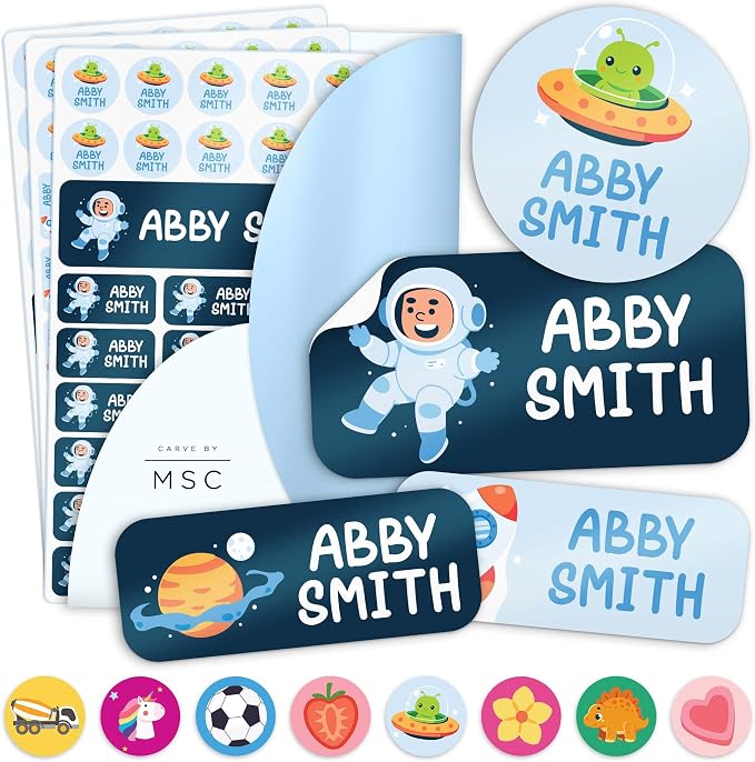 Personalized Daycare Name Labels for Kids, 148 Pack Waterproof Custom Name Stickers for Clothing Tags, Lunch Boxes and School Supplies, Made in USA by MSC - Space Suit