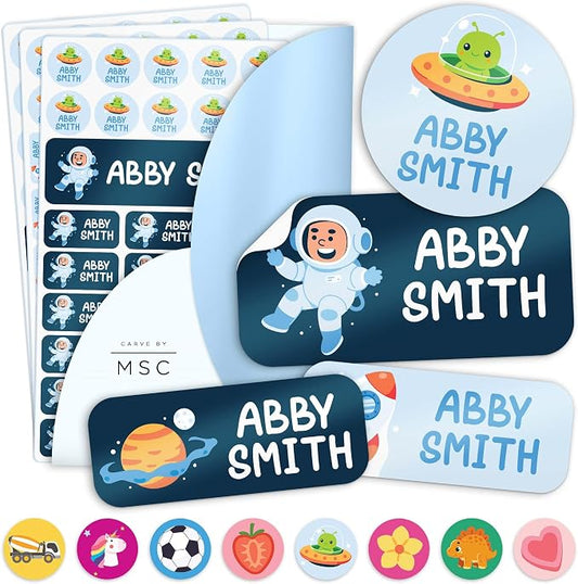 Personalized Daycare Name Labels for Kids, 148 Pack Waterproof Custom Name Stickers for Clothing Tags, Lunch Boxes and School Supplies, Made in USA by MSC - Space Suit