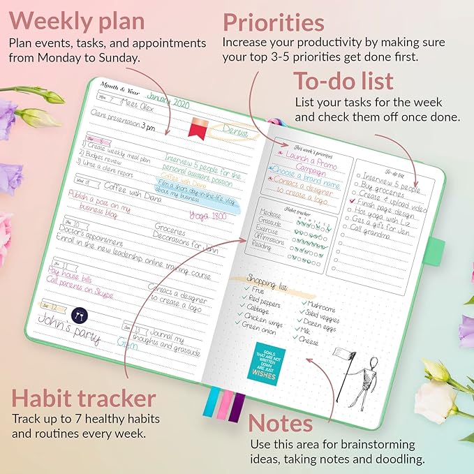 GoGirl Planner and Organizer for Women – Compact Size Weekly Planner, Goals Journal & Agenda to Improve Time Management, Productivity & Live Happier. Undated – Start Anytime, Lasts 1 Year – Mint Green