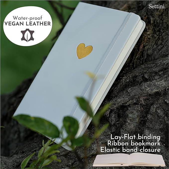 SETTINI Lined Journal, Ideal for Journaling - A5 Vegan Leather Notebook, 192 Archival-Quality Pages, QuillEase Bleed-Free Paper, Inner Pocket & Bookmark - White Heart
