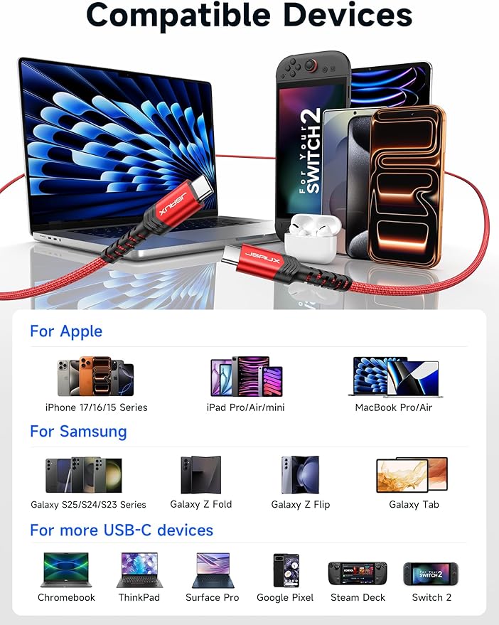 JSAUX 3-Pack USB C to USB C Cable 100W [10ft/6.6ft/3.3ft] Compatible with iPhone 17 Air 16 15 Pro Max Samsung Galaxy S25 S24 CarPlay iPad Pro, Type C to C Charger Cable Fast Charging - Red
