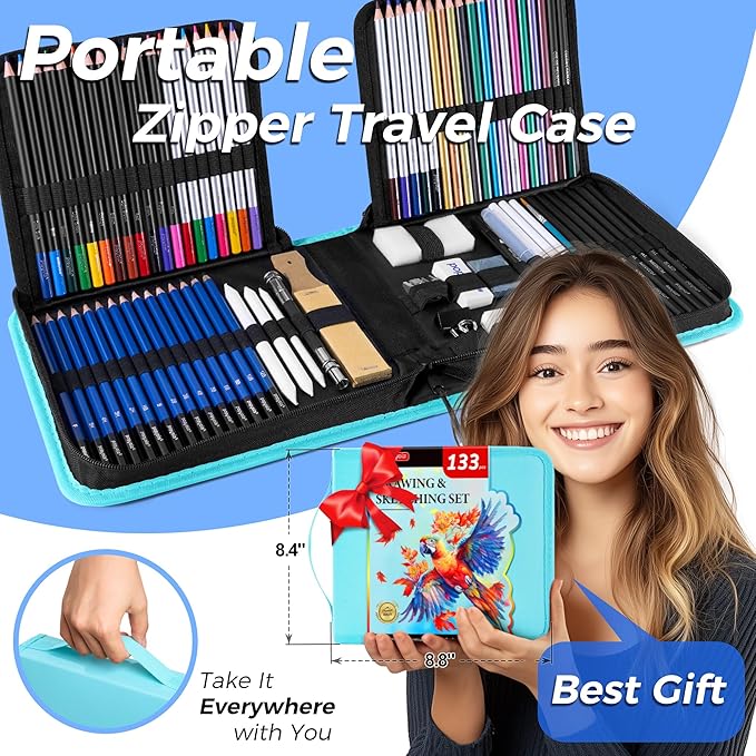 133 Pack Art Supplies Sketching Kit with Sketch Book, Coloring Book, Watercolor Pad, Black Paper Pad, Tutorial, Graphite Colored Charcoal Watercolor & Metallic Pencils for Artists Beginners Adults