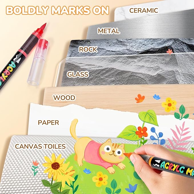 JoyCat Acrylic Paint Marker 12 Color - Intelligent Ink Control System, Brush Tip for Rock Painting, Ceramic, Wood, Canvas & Multi-Surfaces | Quick-Drying, Non-Toxic, Kid-Safe |Ideal Craft Gifts