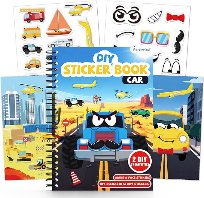 Cars Reusable Sticker Book for Toddlers, DIY Make-a-face Jelly Fun 3D Stickers, Washable Puffy Stickers for Kids Toys, Airplane Road Trip Travel Activities Essentials for Kids 3 4 5 Years