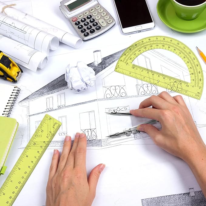 Zonon 3 Pcs Plastic Ruler 6 Inch Protractor Drawing Compass Set, Student Geometry Math Transparent Measuring Tools for Home School Classroom Office Supplies(12 Inch,Yellow)