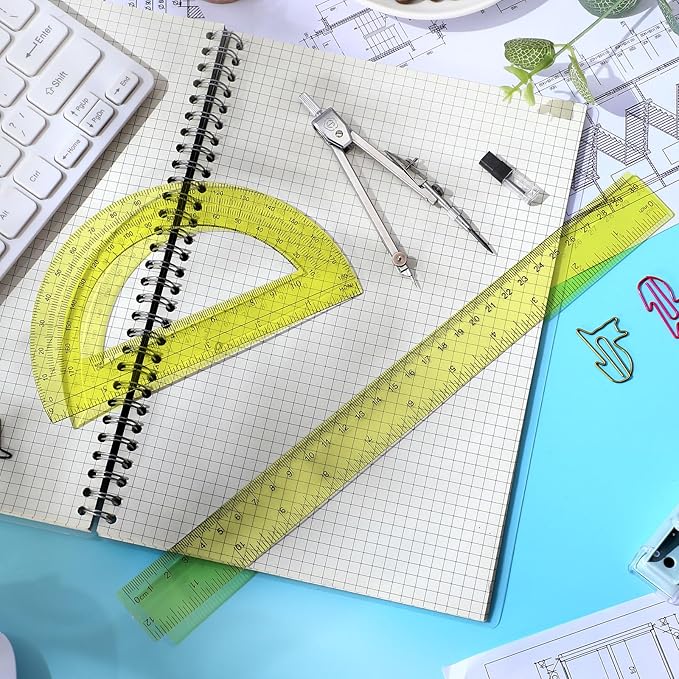 Zonon 3 Pcs Plastic Ruler 6 Inch Protractor Drawing Compass Set, Student Geometry Math Transparent Measuring Tools for Home School Classroom Office Supplies(12 Inch,Yellow)