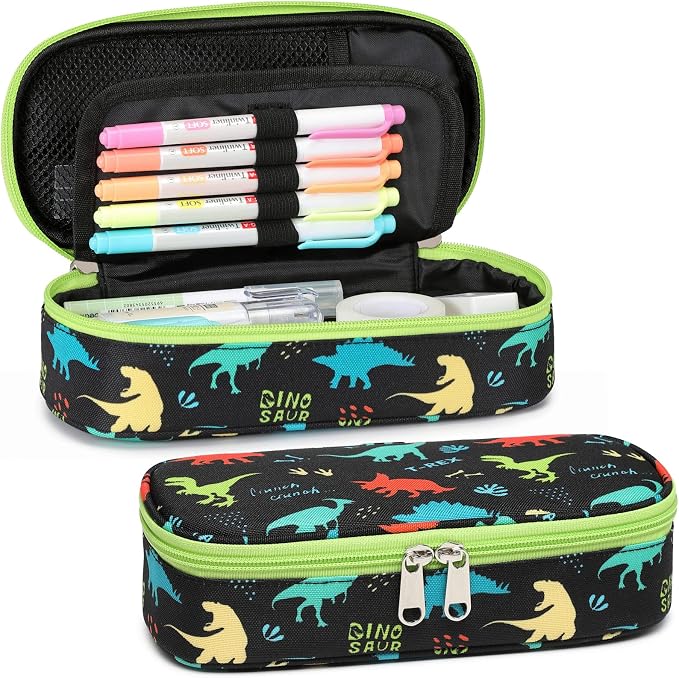 Cambond Pencil Case for Boys - School Pencil Pouch, Black Dinosaur | Cute Pencil Case for Kids Big Capacity Organizer Bag for Staionary, Aesthetic School Supplies Boys, Water-Resistent Pen Bag