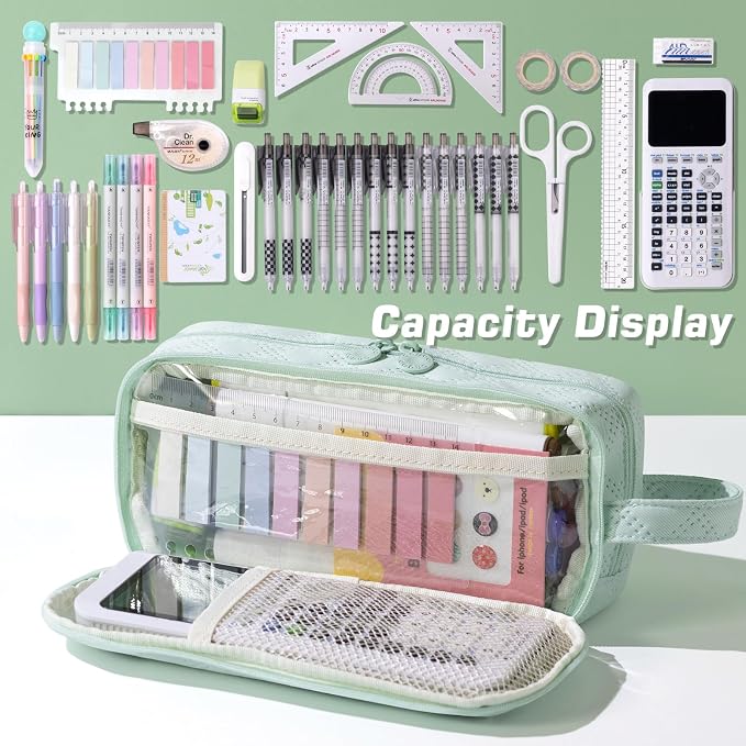 EASTHILL Large Capacity Pencil Case Cute Pencil Pouch with Handle Stationery Pen Bag for Teen Girls-Green